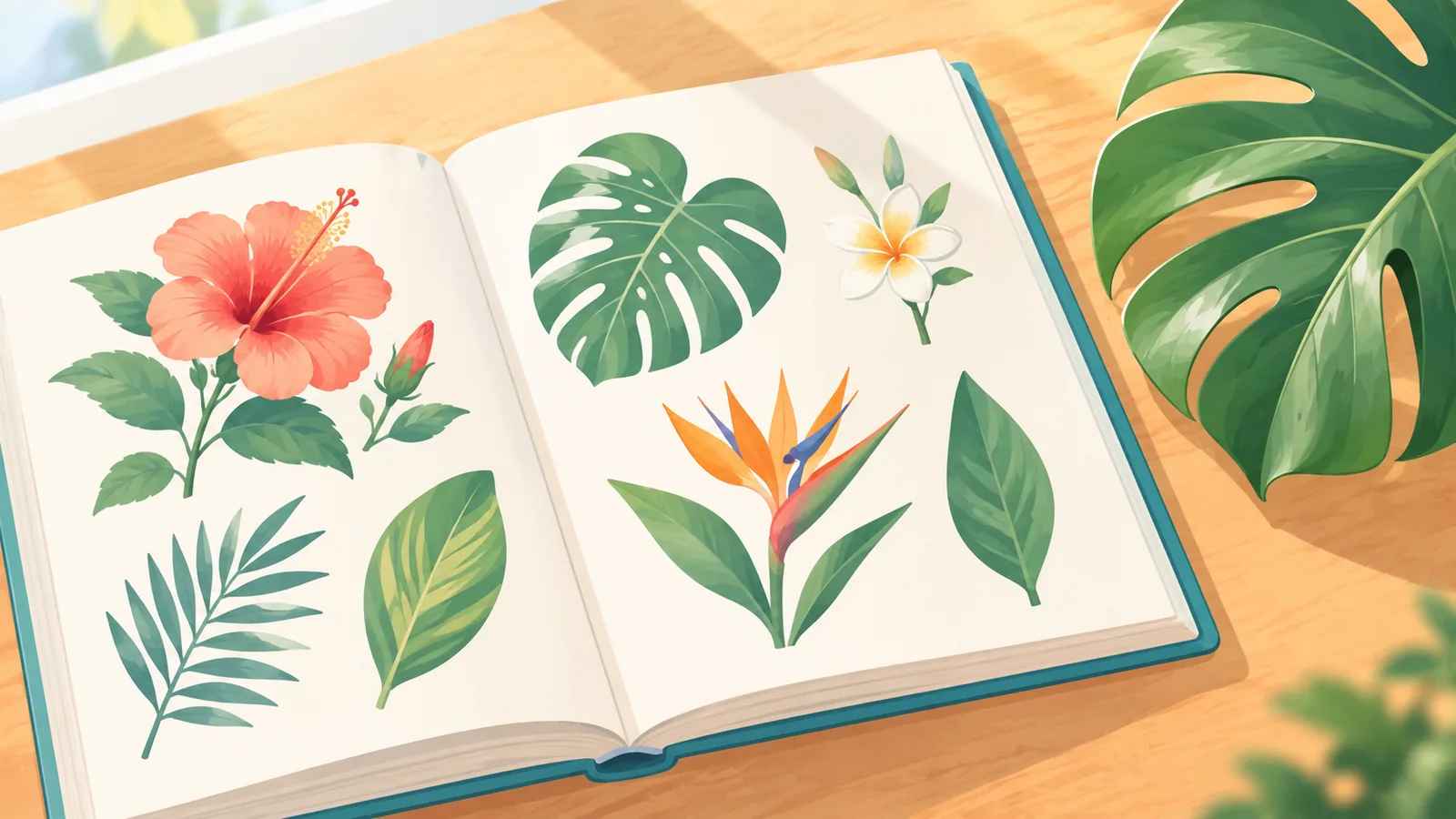 Buku rujukan botani bergambar bersebelahan daun tropika