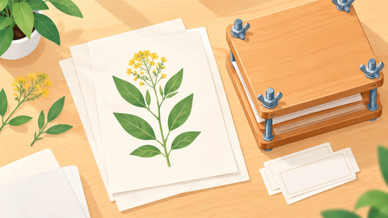 Spesimen tumbuhan ditekan bersama alat penekan herbarium