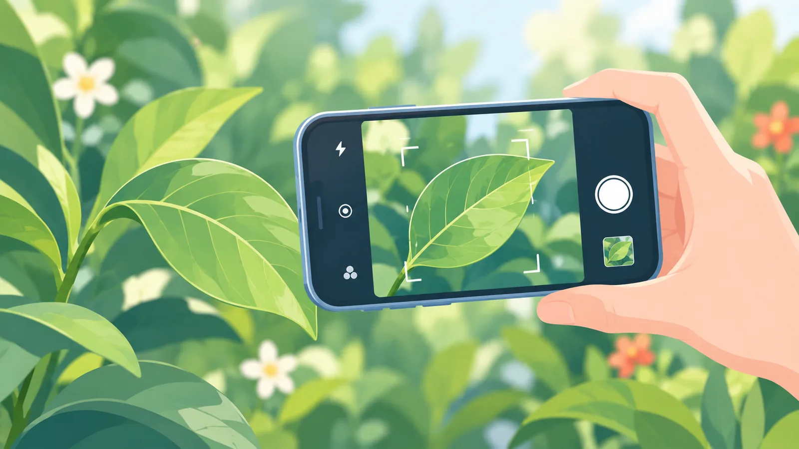Telefon pintar merakam gambar daun di kebun