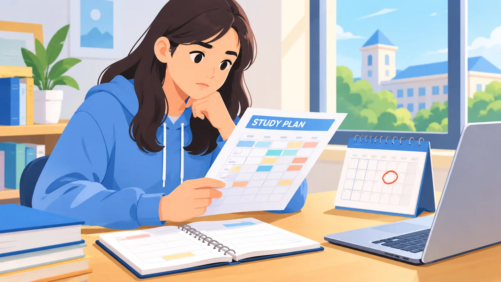 Calon peperiksaan meneliti jadual belajar di meja yang kemas