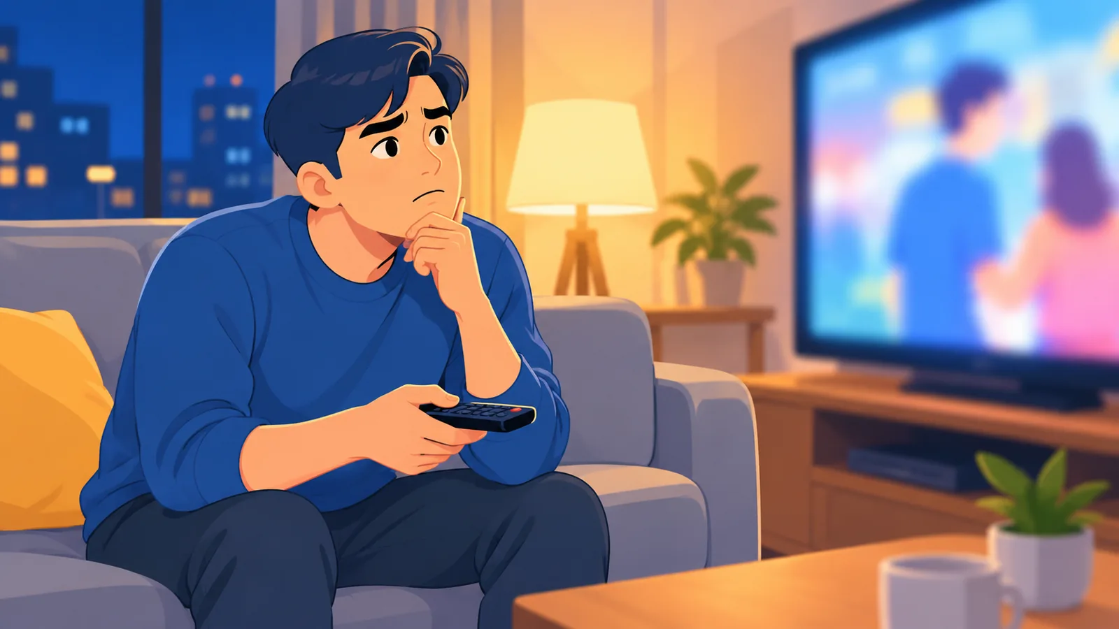 Seorang penonton duduk di sofa memegang alat kawalan jauh sambil memandang skrin televisyen