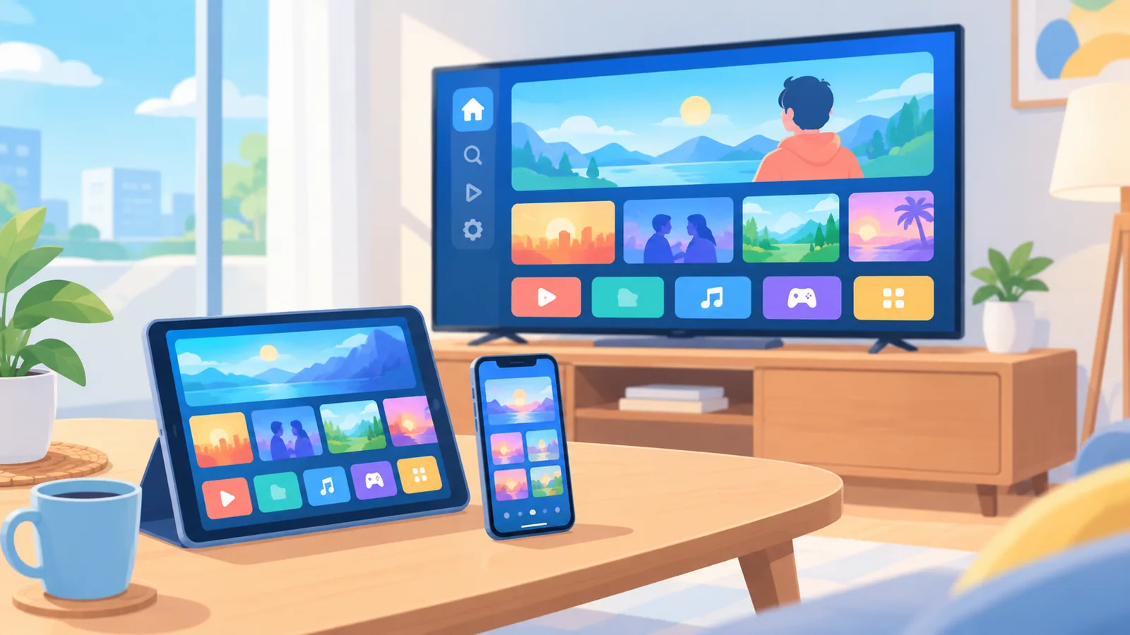 Televisyen pintar, tablet dan telefon memaparkan skrin penstriman