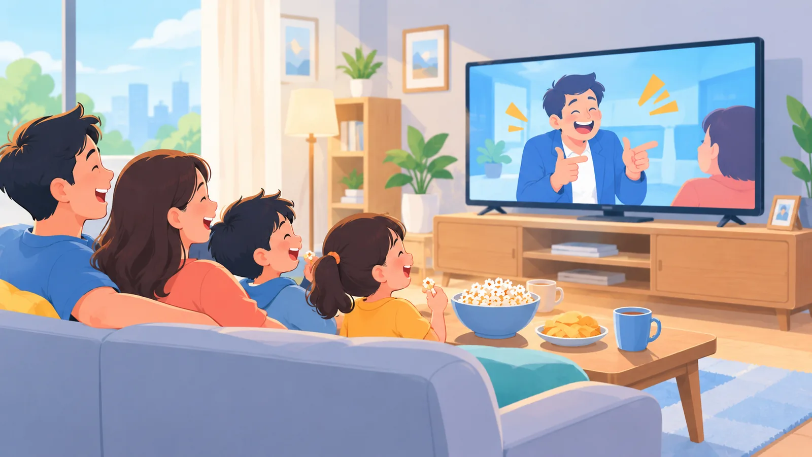Keluarga bersama anak-anak ketawa menonton filem komedi di ruang tamu