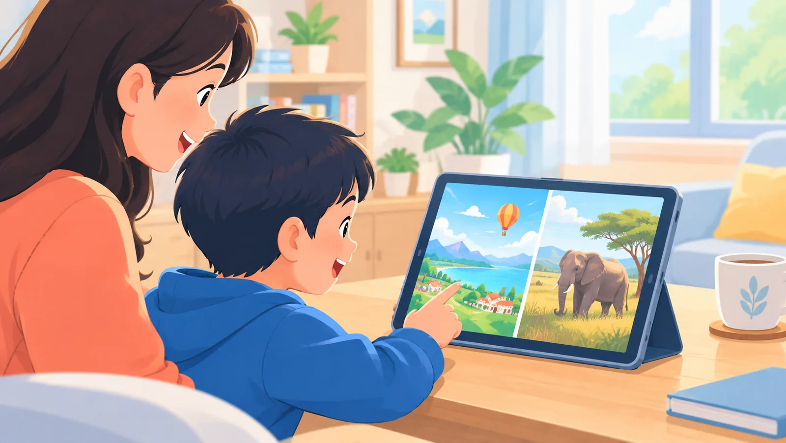 Kanak-kanak dan orang dewasa menonton animasi dan dokumentari di tablet