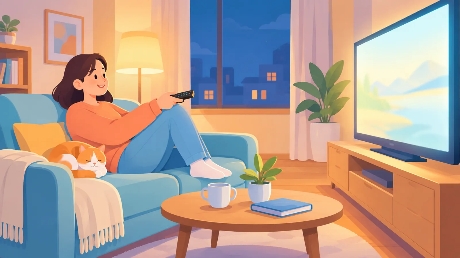 Penonton tersenyum berehat di sofa dengan televisyen memaparkan filem pilihan