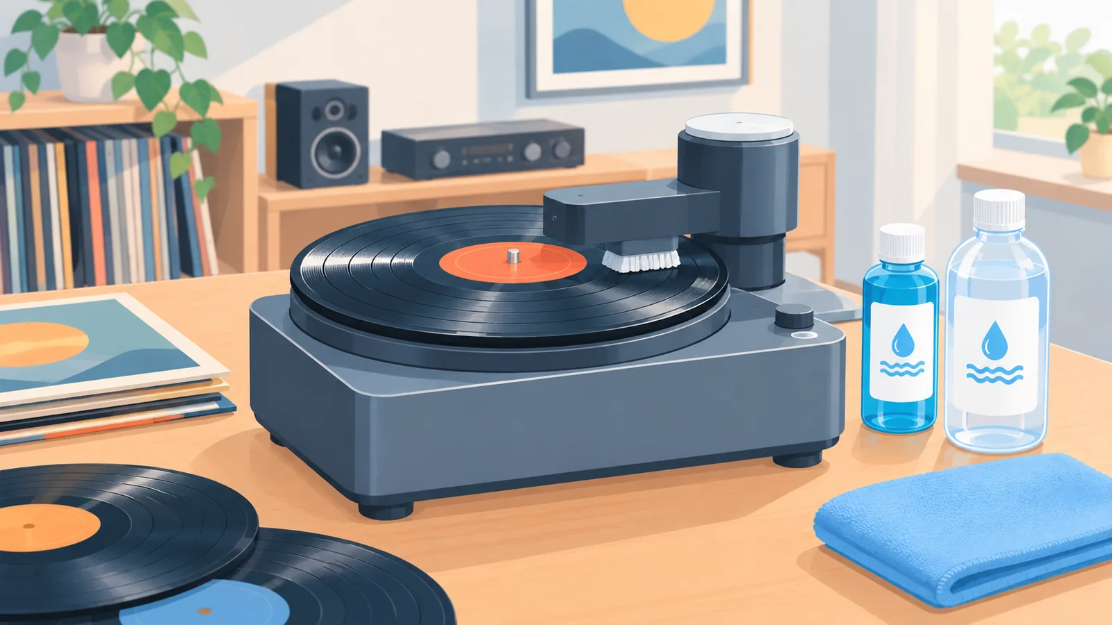 Mesin pencuci rekod vinil di bilik hi-fi