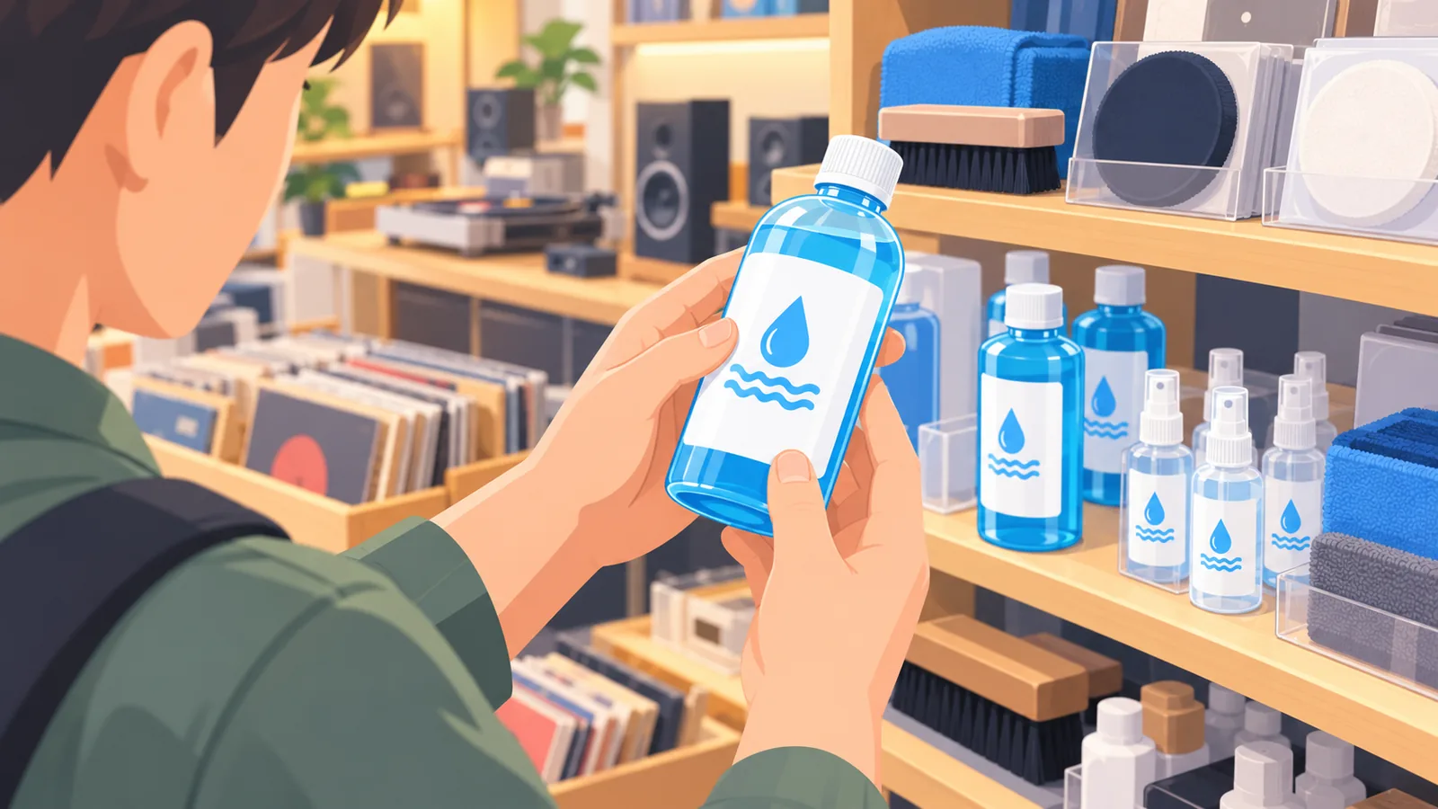 Membaca label cecair pembersih rekod di kedai hi-fi