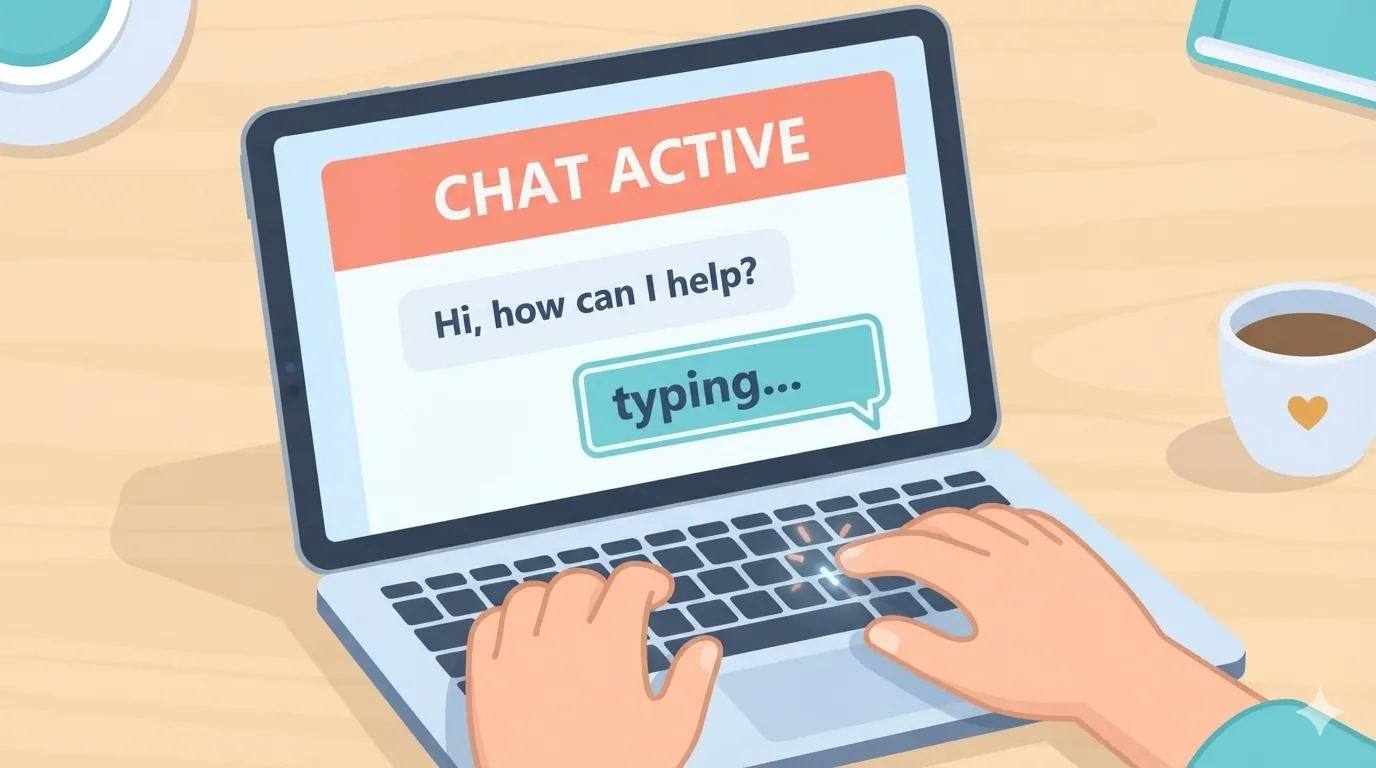 Tangan menaip mesej pada tetingkap sembang sokongan pelanggan