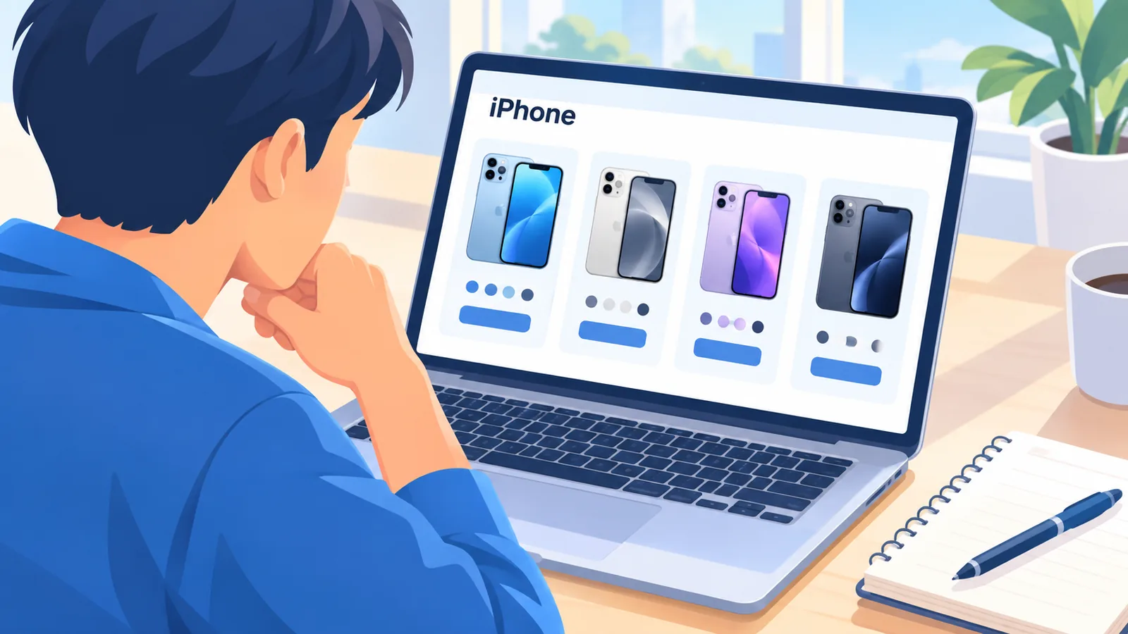 Seseorang menyemak harga iPhone pada laman web rasmi menggunakan komputer riba