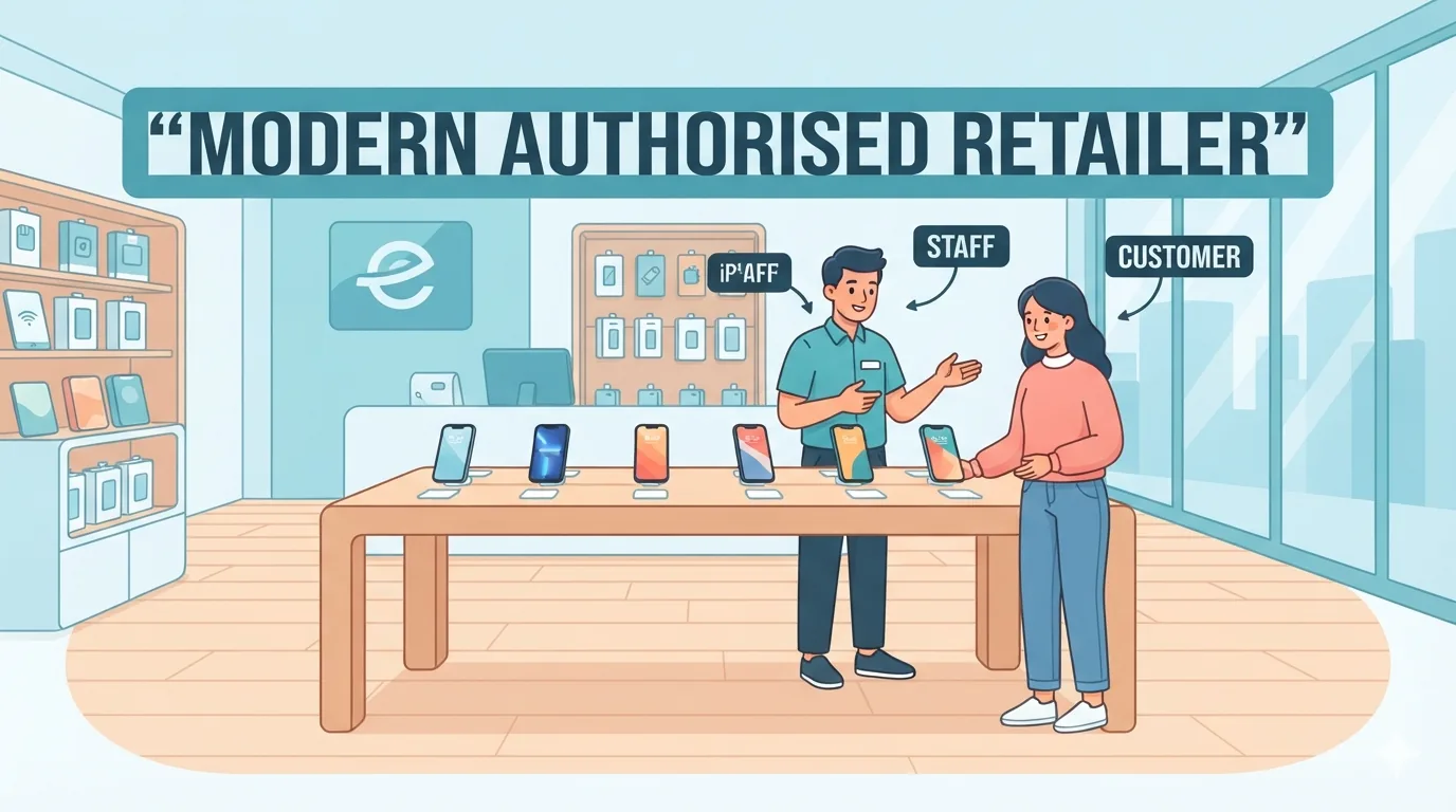 Kaunter kedai peruncit sah dengan deretan iPhone dipamerkan