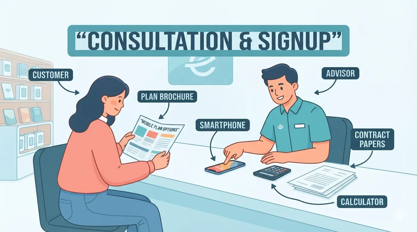 Pelanggan meneliti brosur pelan telefon di kaunter pengendali telekomunikasi