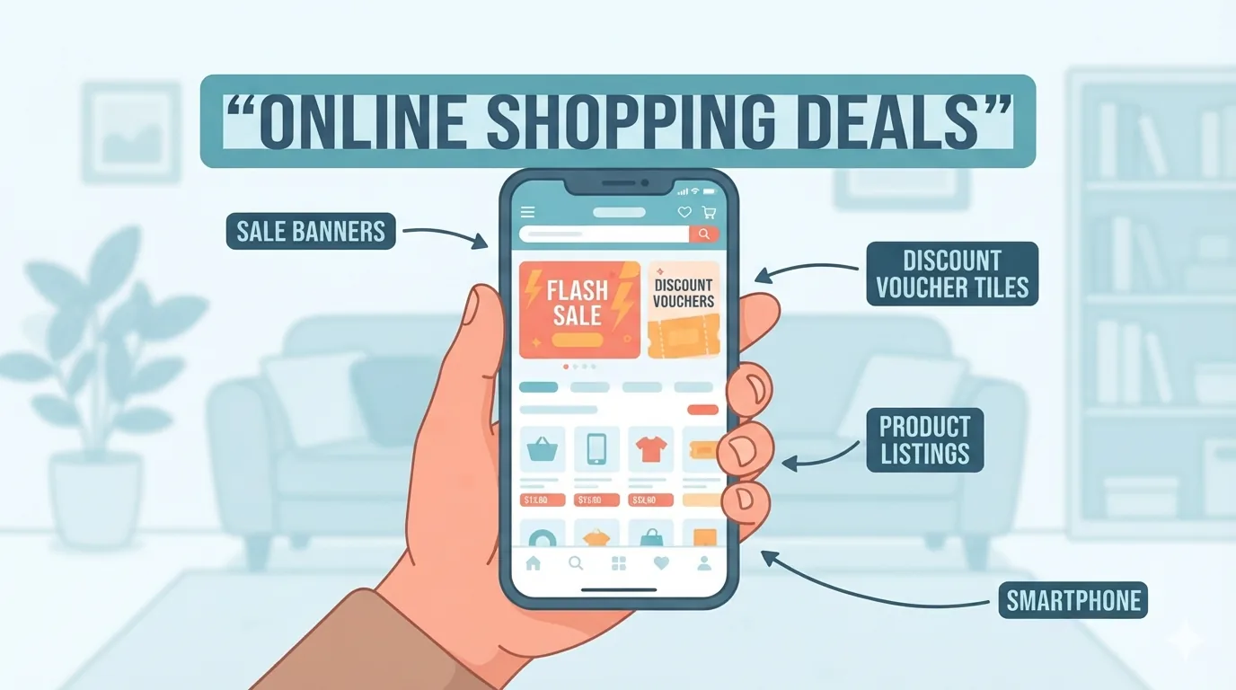 Skrin telefon yang memaparkan aplikasi beli-belah dengan baucar dan banner jualan