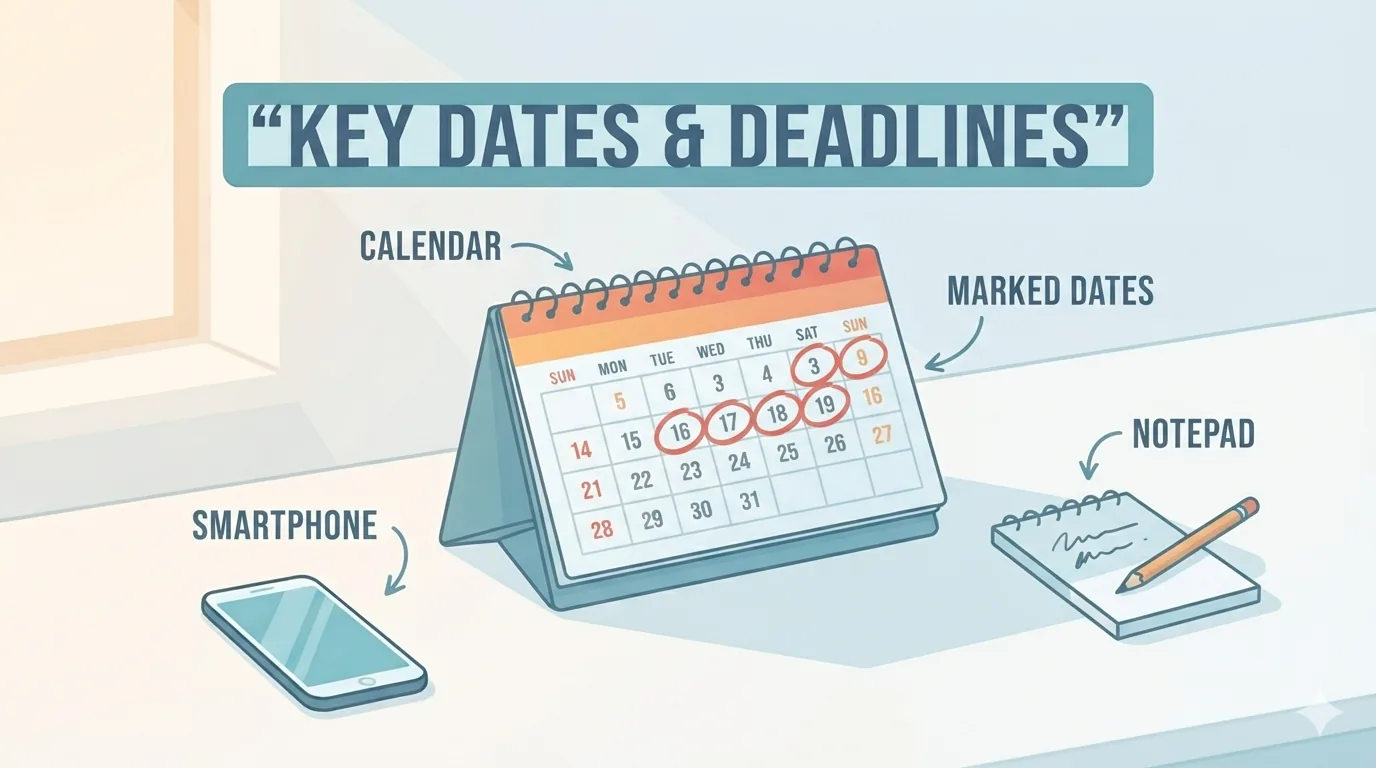 Kalendar meja dengan tarikh jualan ditanda bersebelahan telefon pintar