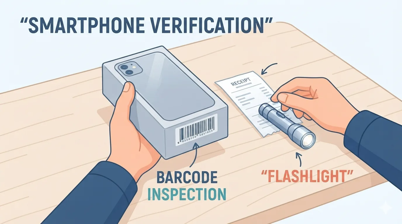Tangan memeriksa kotak iPhone dan nombor siri sebelum pembelian