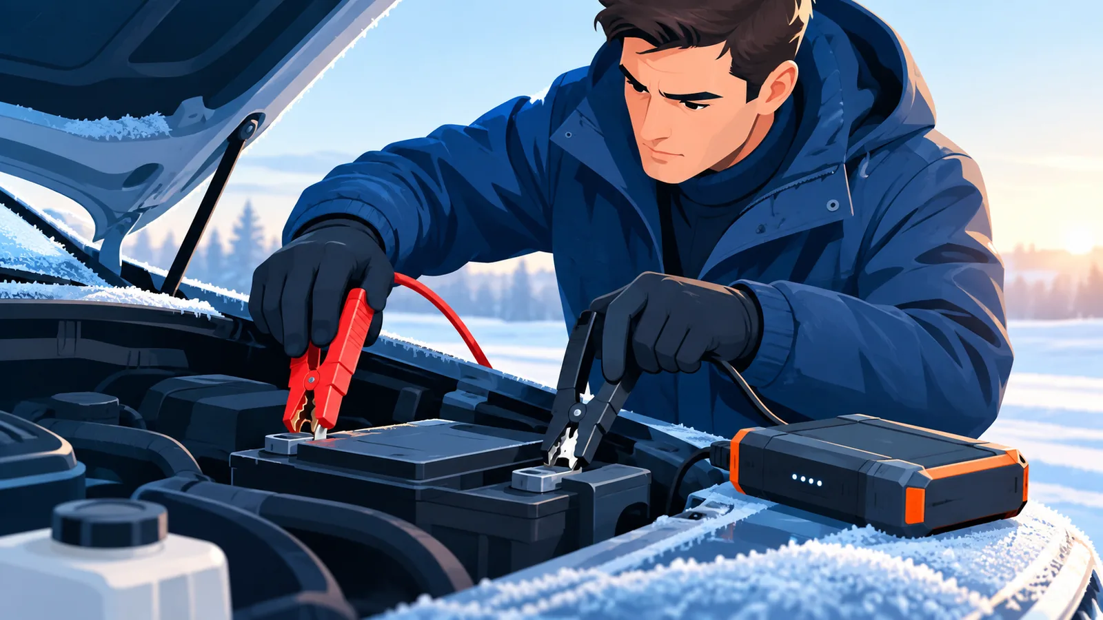 Automobilist gebruikt een jumpstarter bij een lege accu op een koude ochtend
