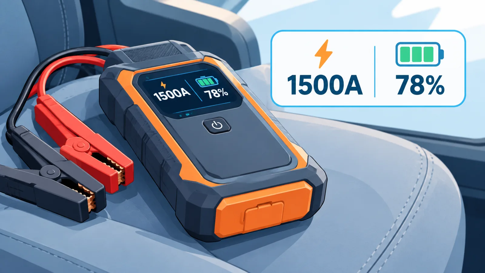 Close-up van een jumpstarter met display dat piekstroom en capaciteit toont