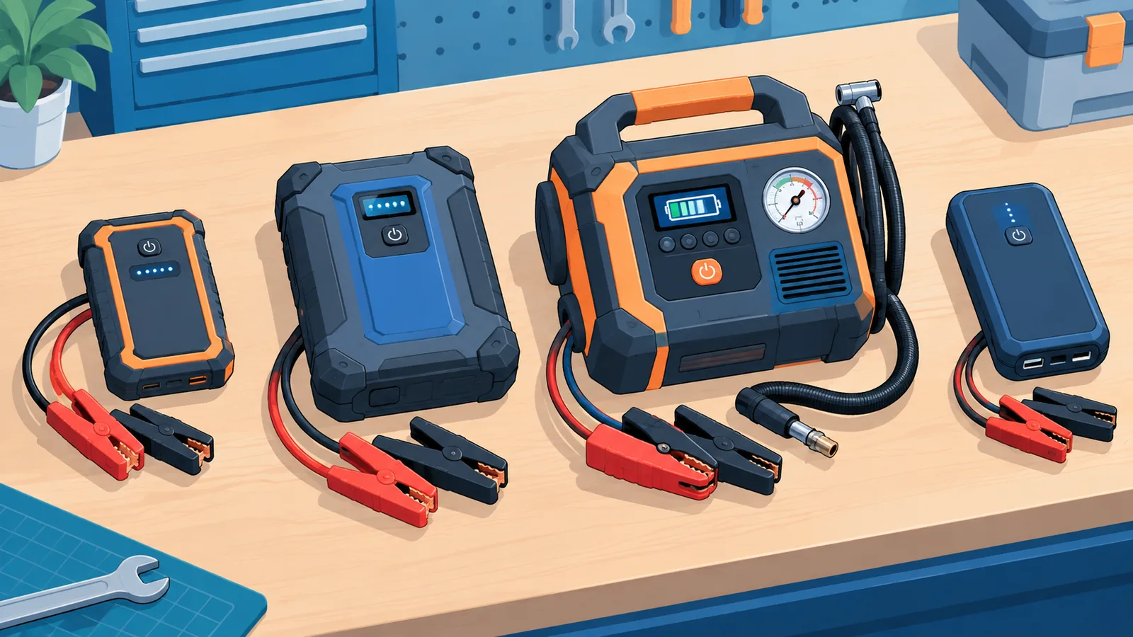 Verschillende typen jumpstarters naast elkaar op een werkbank
