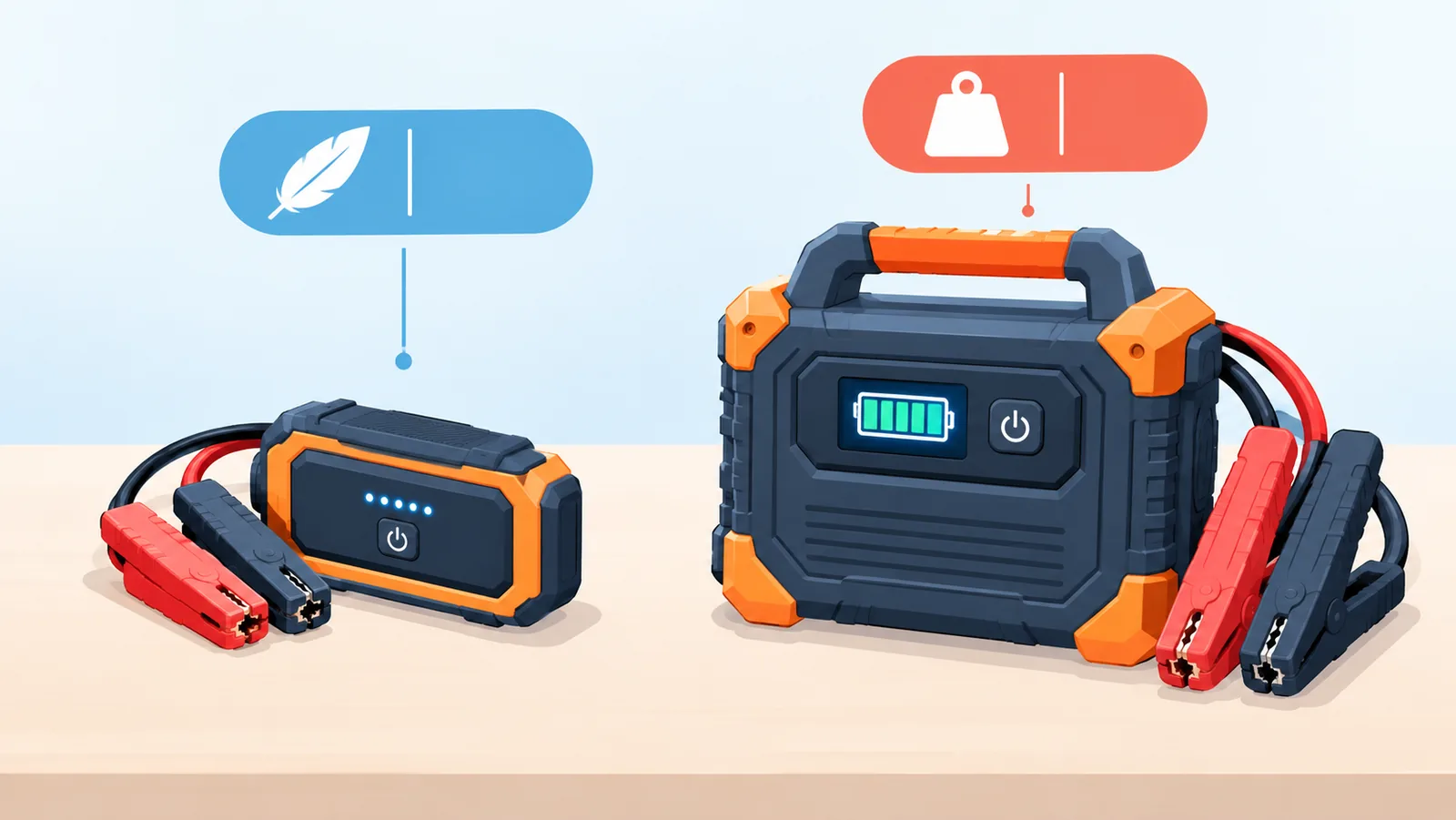Twee jumpstarters naast elkaar ter vergelijking van specificaties
