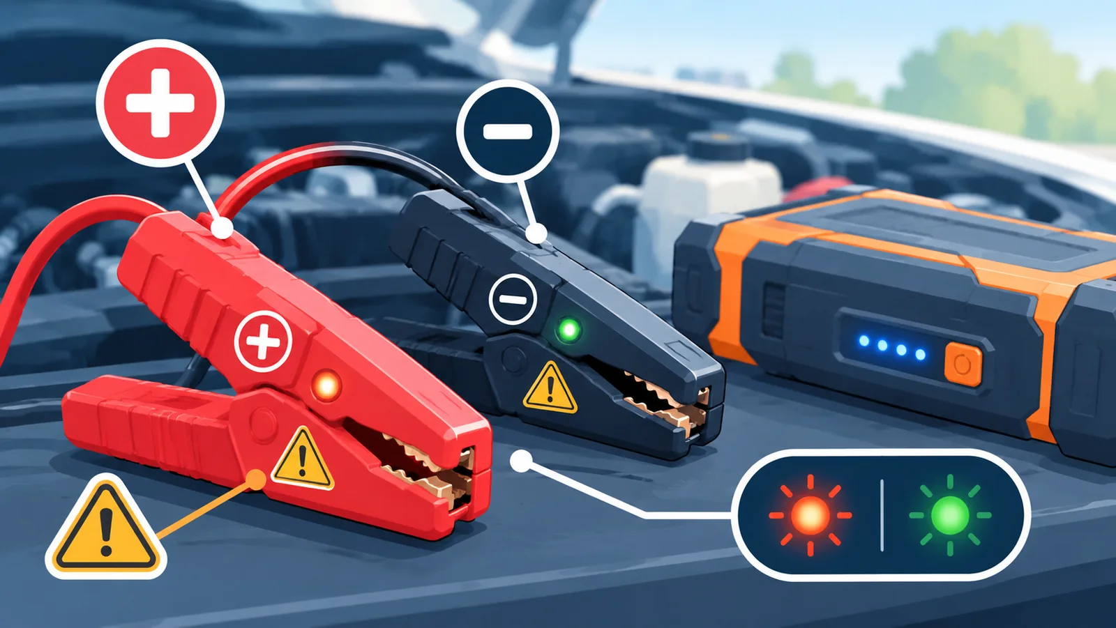 Waarschuwingslabel en veiligheidsklemmen van een jumpstarter in beeld