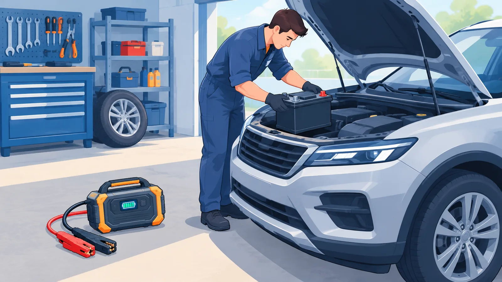 Monteur vervangt een autobatterij naast een jumpstarter op de grond