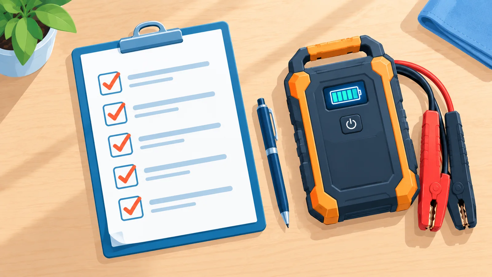 Checklist en jumpstarter klaarliggend voor aankoopbeslissing