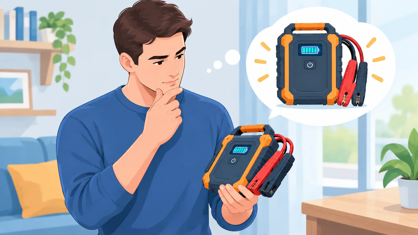 Persoon met een vraagteken denkt na over het gebruik van een jumpstarter