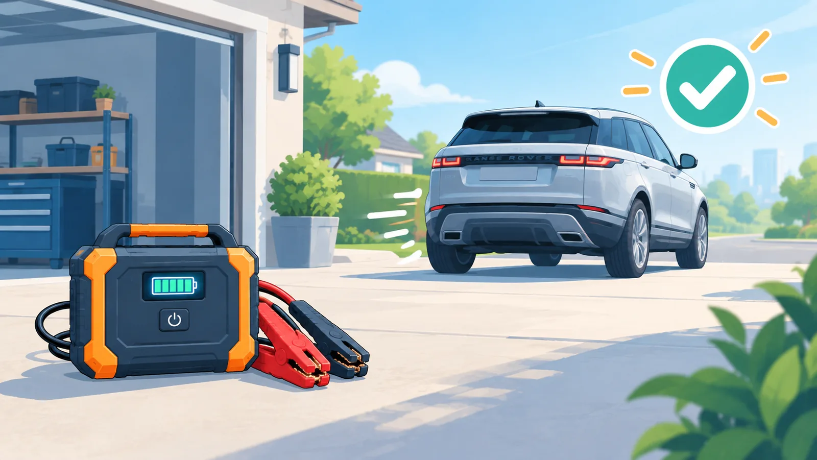 Auto rijdt weg nadat de motor succesvol is gestart met een jumpstarter