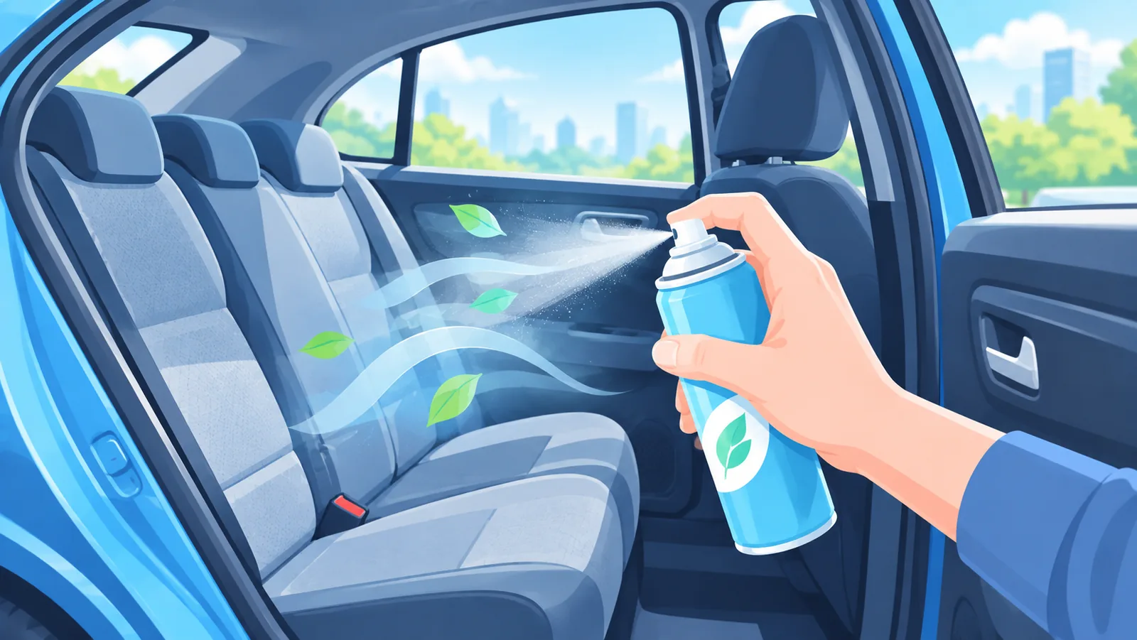 Hand met een autospray bij de open achterdeur van een geparkeerde auto
