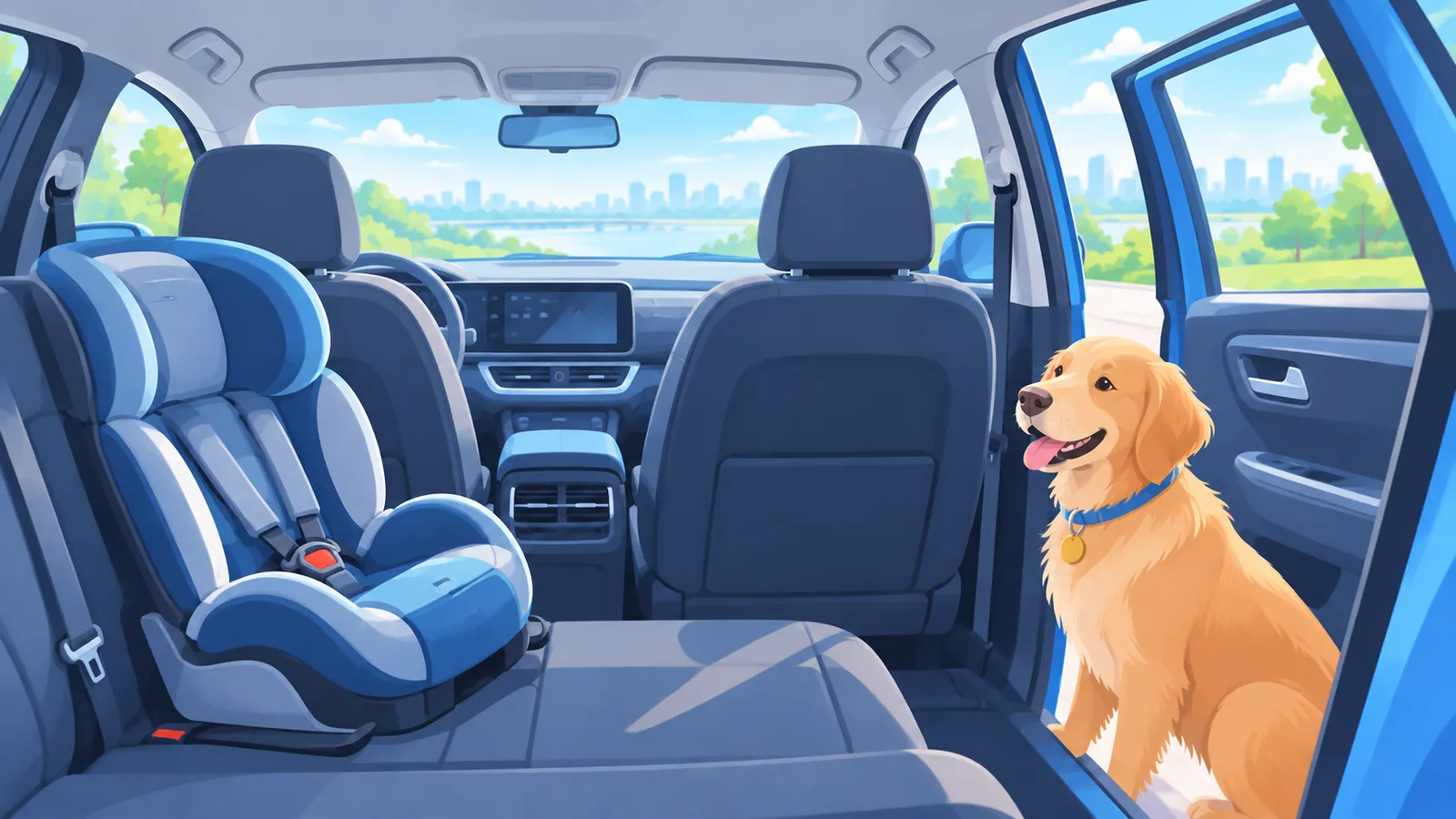 Gezinsauto met kinderzitje en hond, met vrij zicht door de voorruit