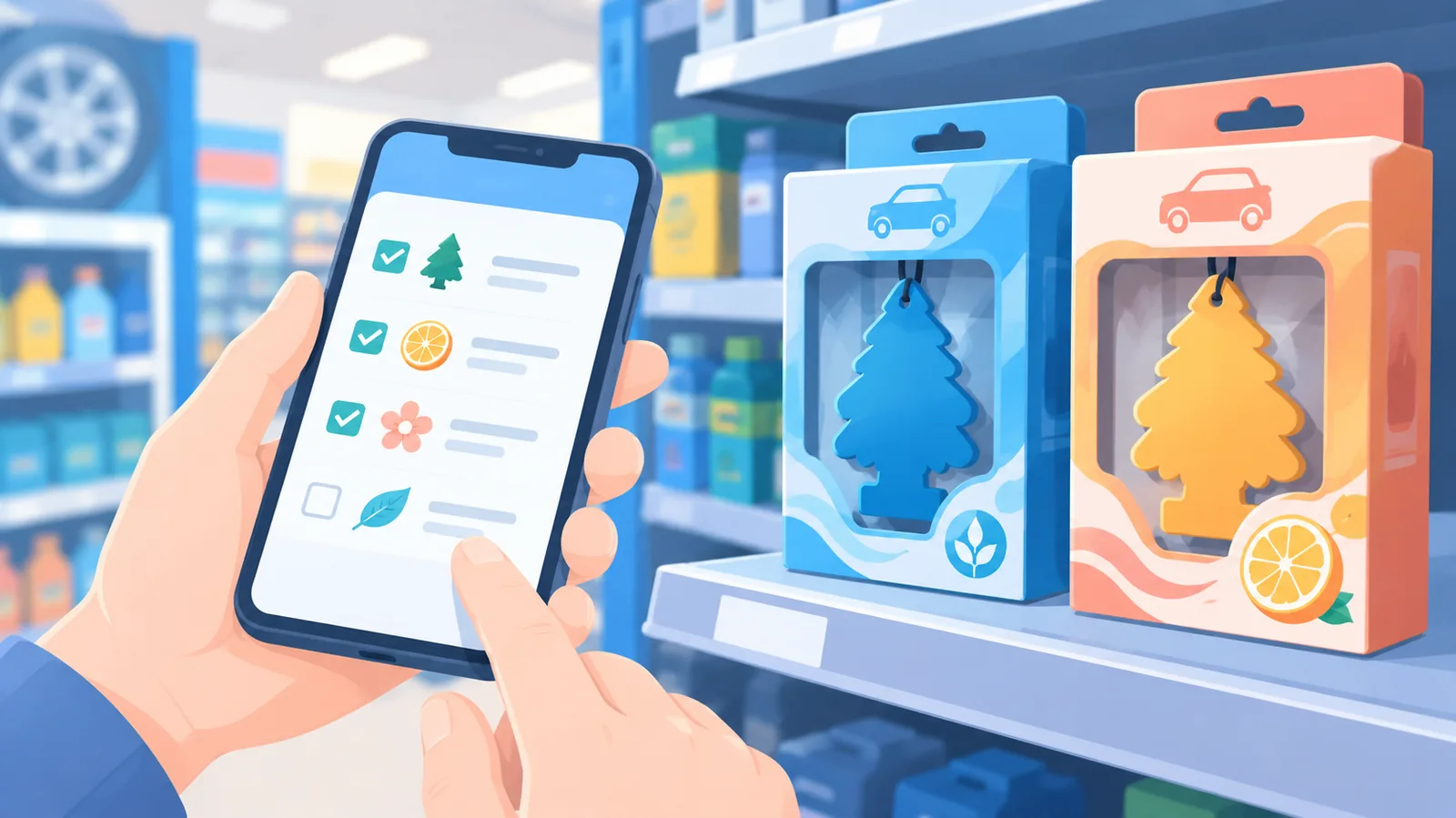 Koopchecklist op een telefoon naast auto luchtverfrissers in een winkel