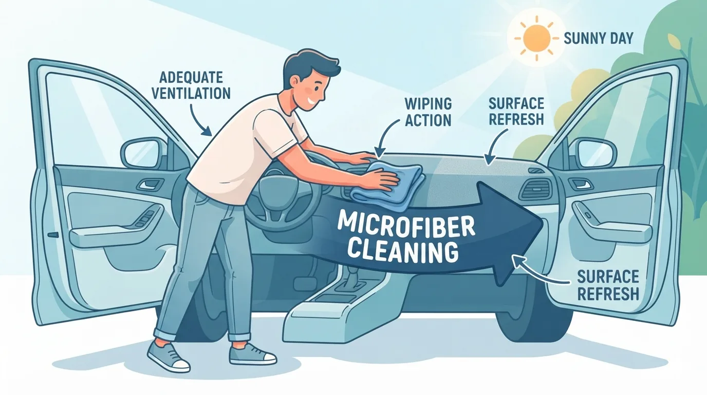 Dashboard schoonmaken met een microvezeldoek terwijl de auto ventileert
