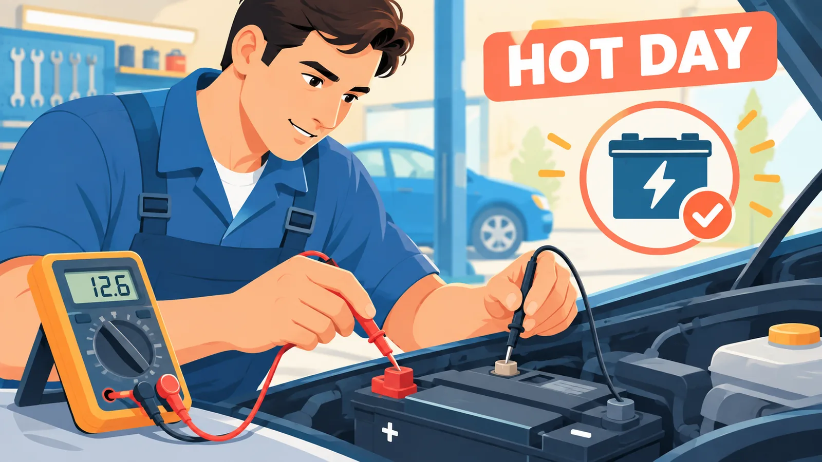 Monteur test een autoaccu met een multimeter