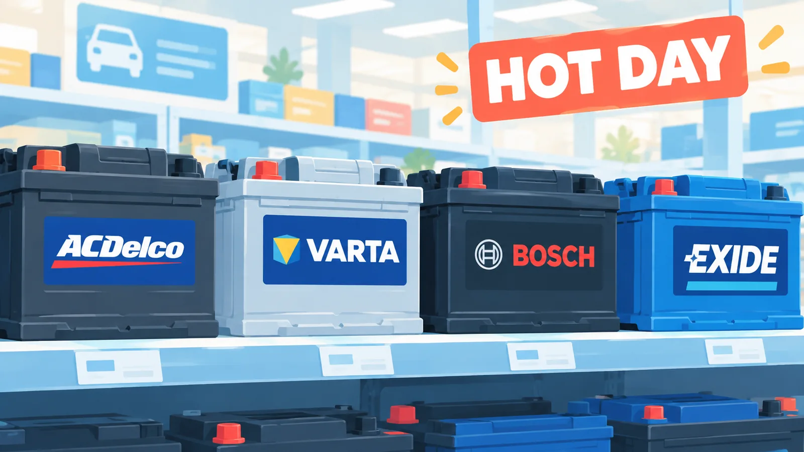 Autoaccu's van verschillende merken in een winkelschap