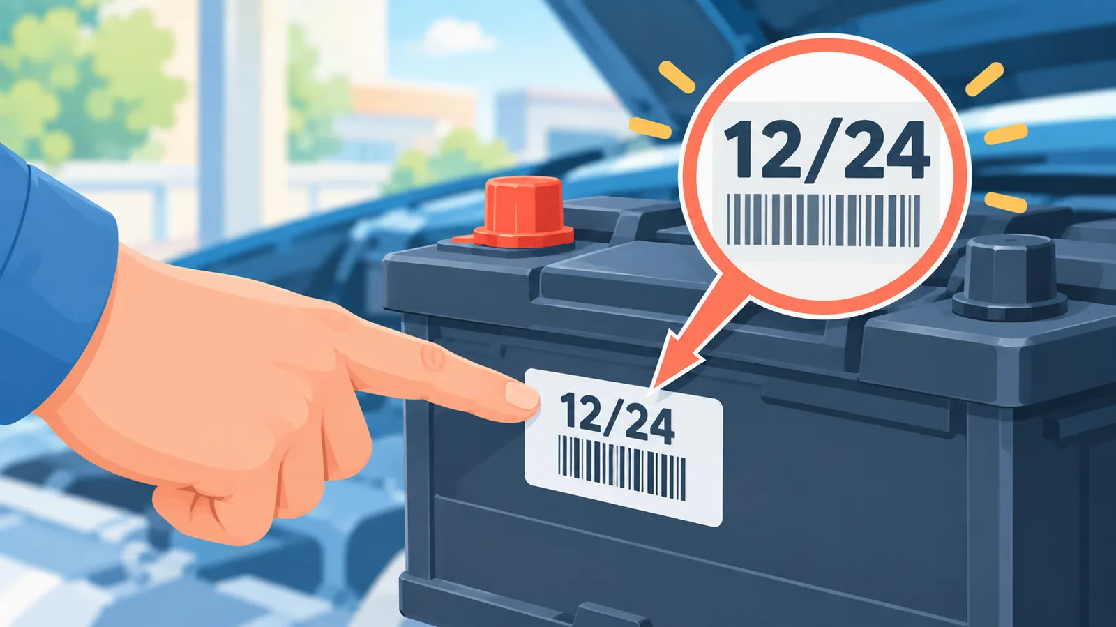 Hand wijst naar de productiedatum op een autoaccu