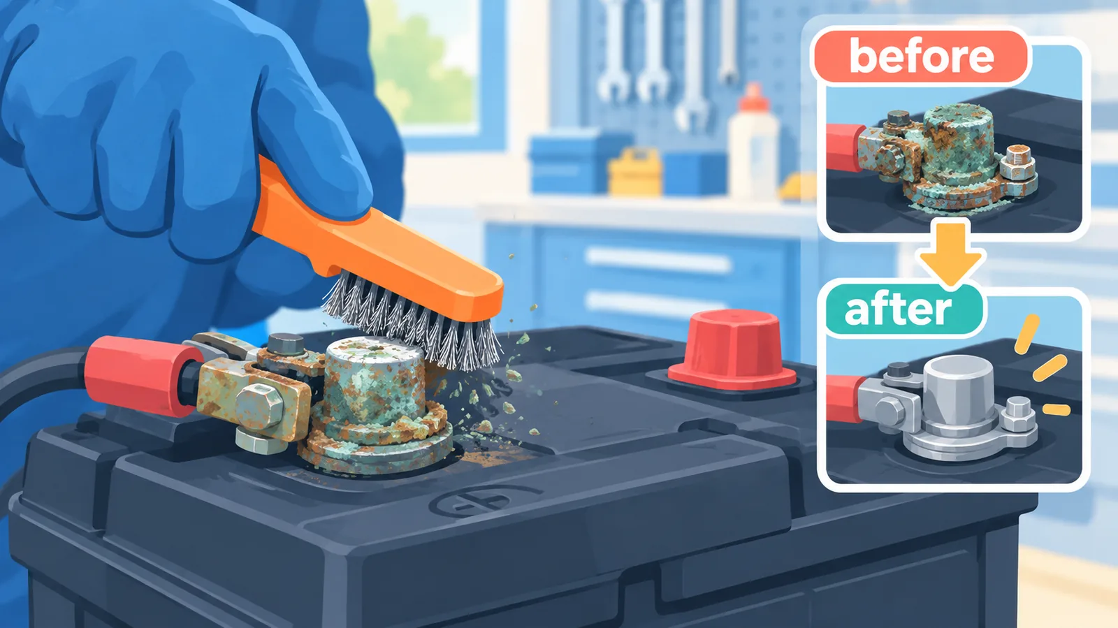 Corrosie van accupolen wordt schoongemaakt met een borstel
