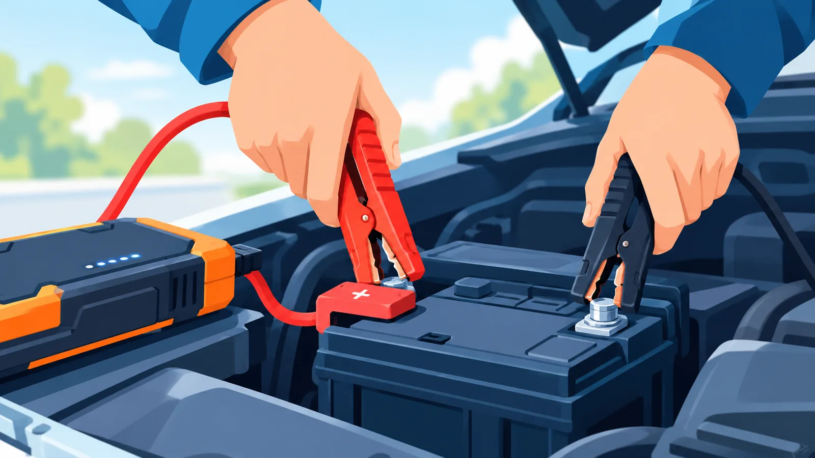 Persoon die een jumpstarter aansluit op een autoaccu