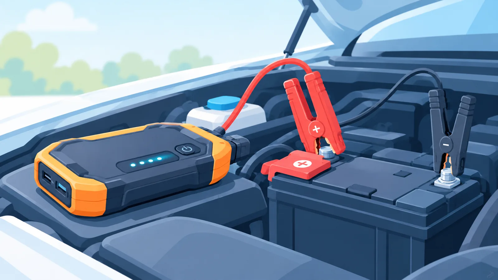 Compacte jumpstarter naast een autoaccu