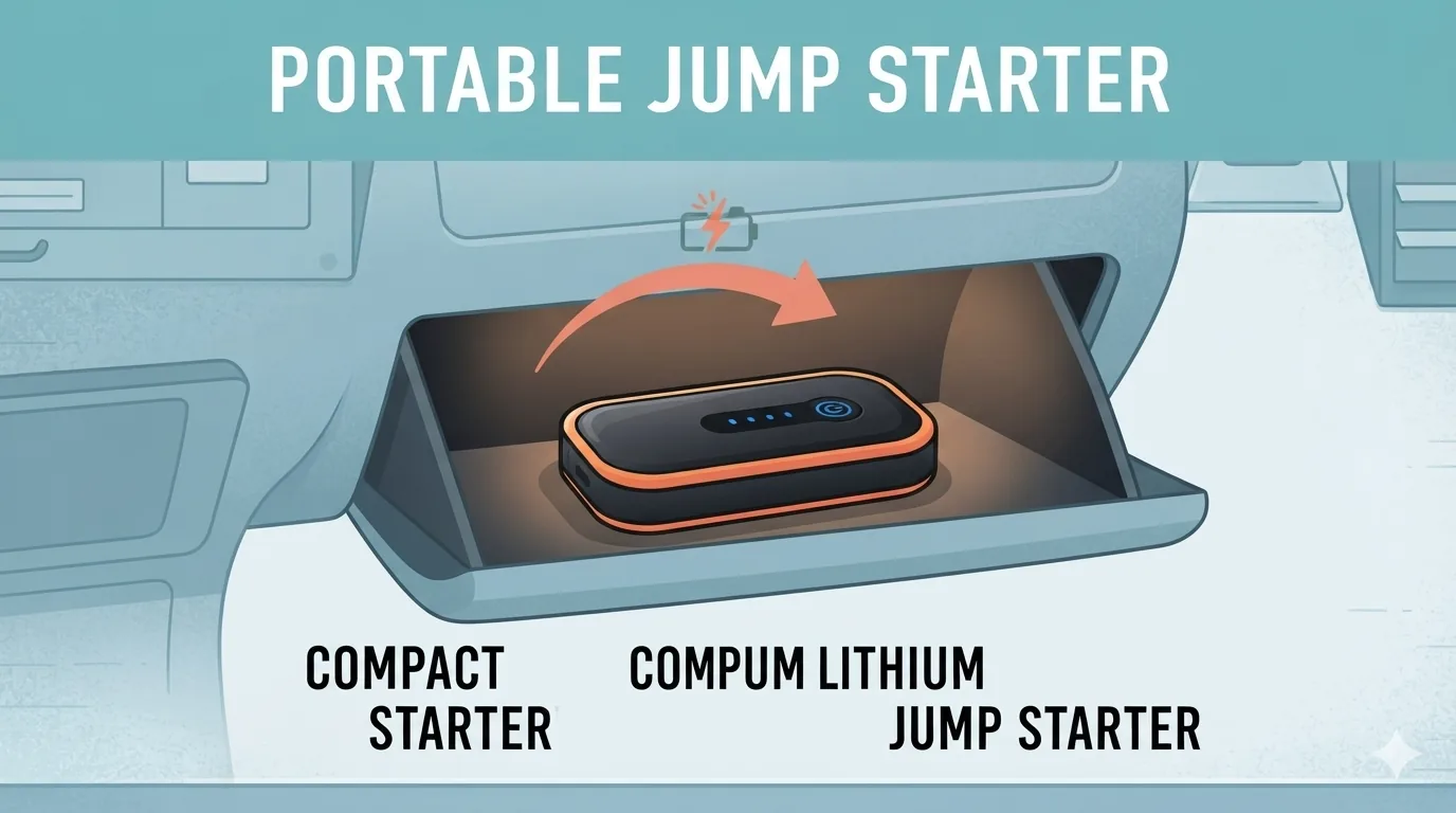 Kleine lithium jumpstarter in een handschoenvak
