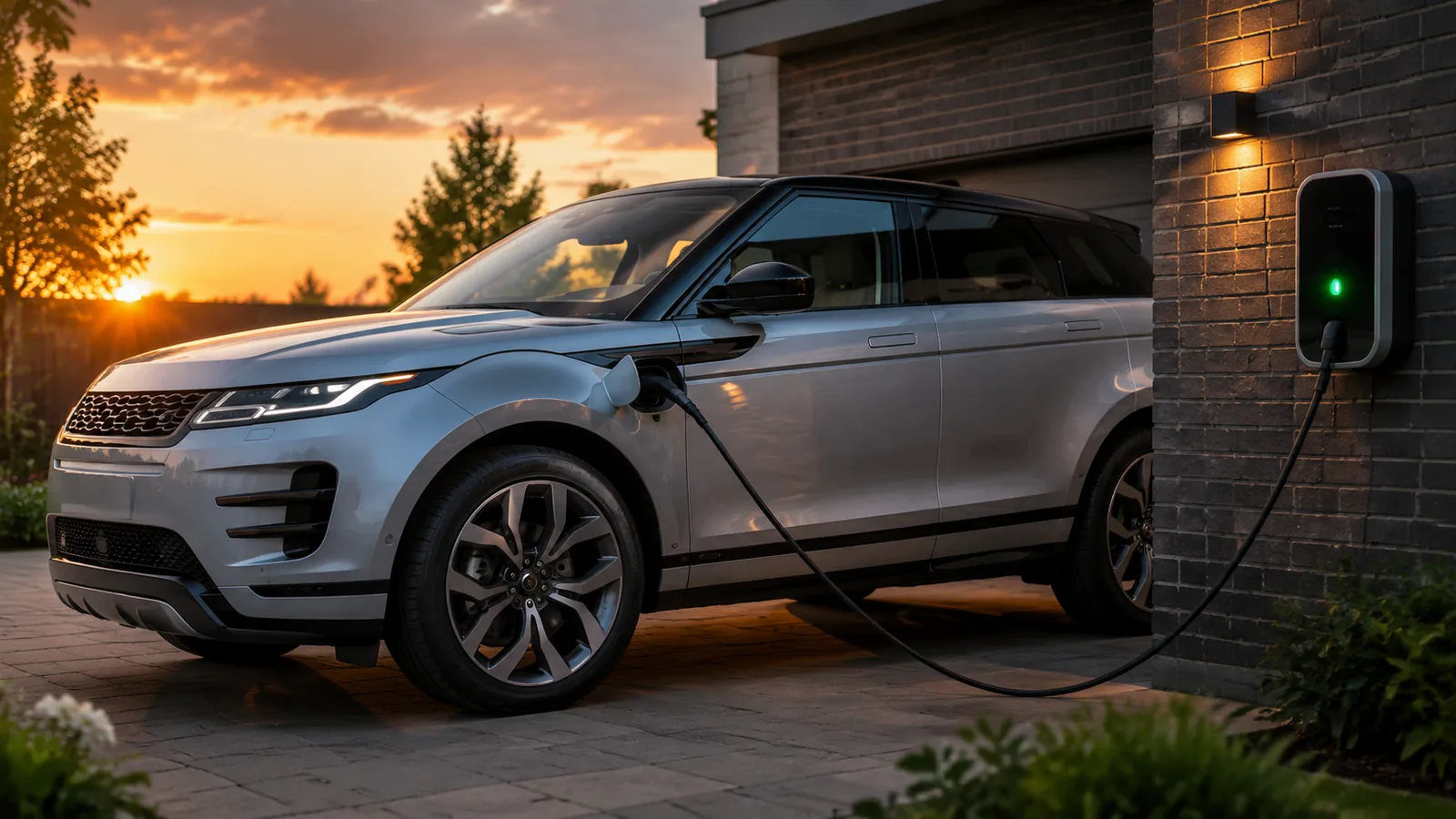 Range Rover Evoque die thuis wordt opgeladen aan een wallbox