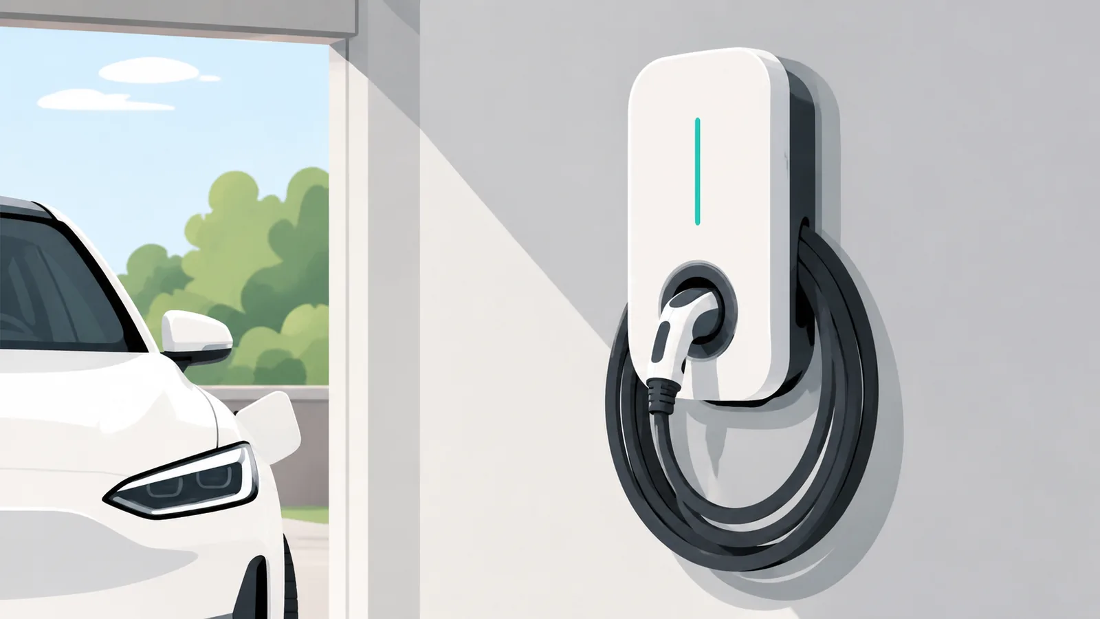 Moderne wallbox lader gemonteerd in een garage