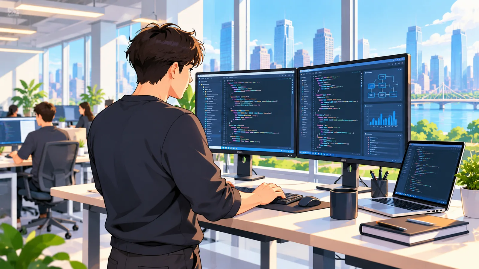 Softwareontwikkelaar werkt achter meerdere schermen