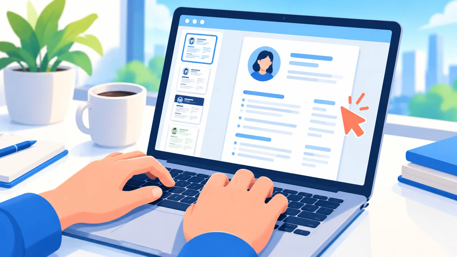 Persoon die op een laptop selectiecriteria voor een cv-builder bekijkt