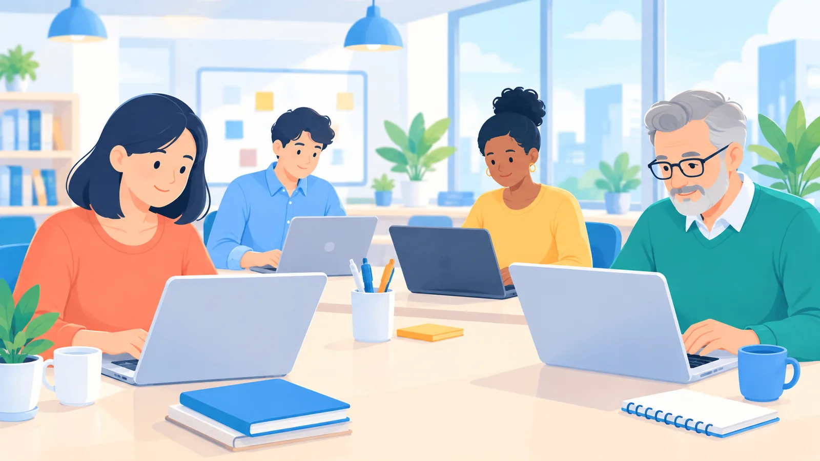 Diverse groep professionals die elk aan hun eigen laptop werken