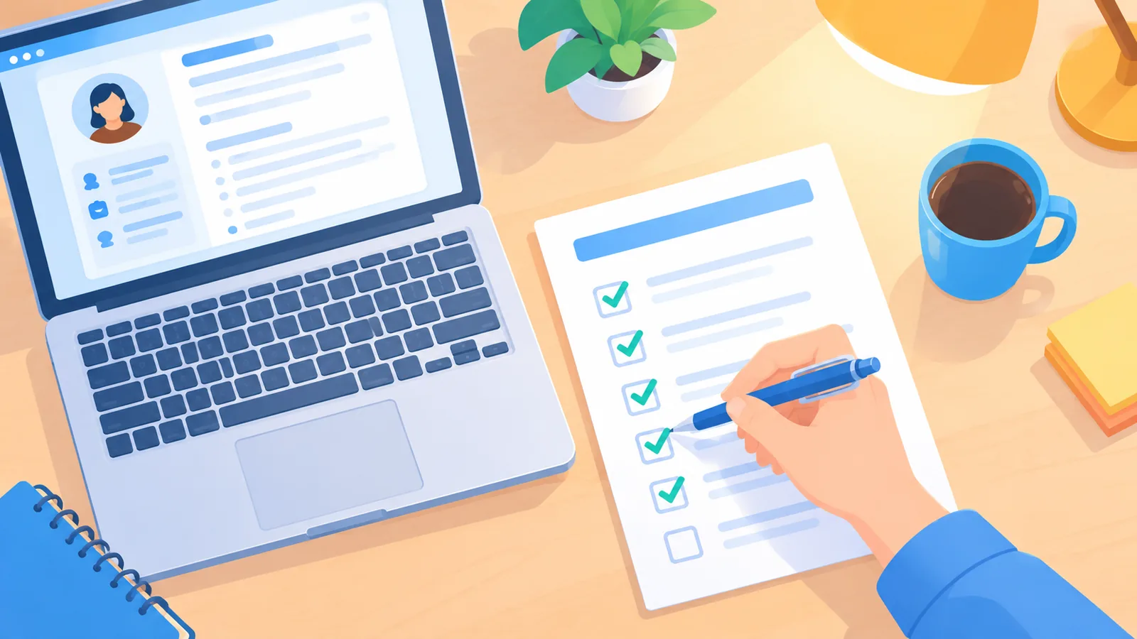 Persoon die een checklist afvinkt op een notitieblok naast een laptop