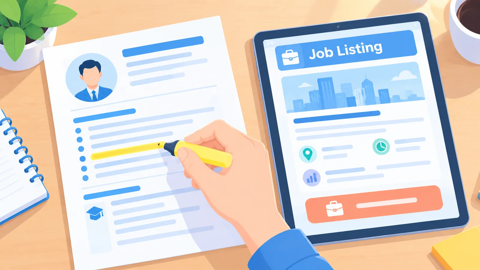 Persoon die een cv nakijkt en tekst markeert op een tablet