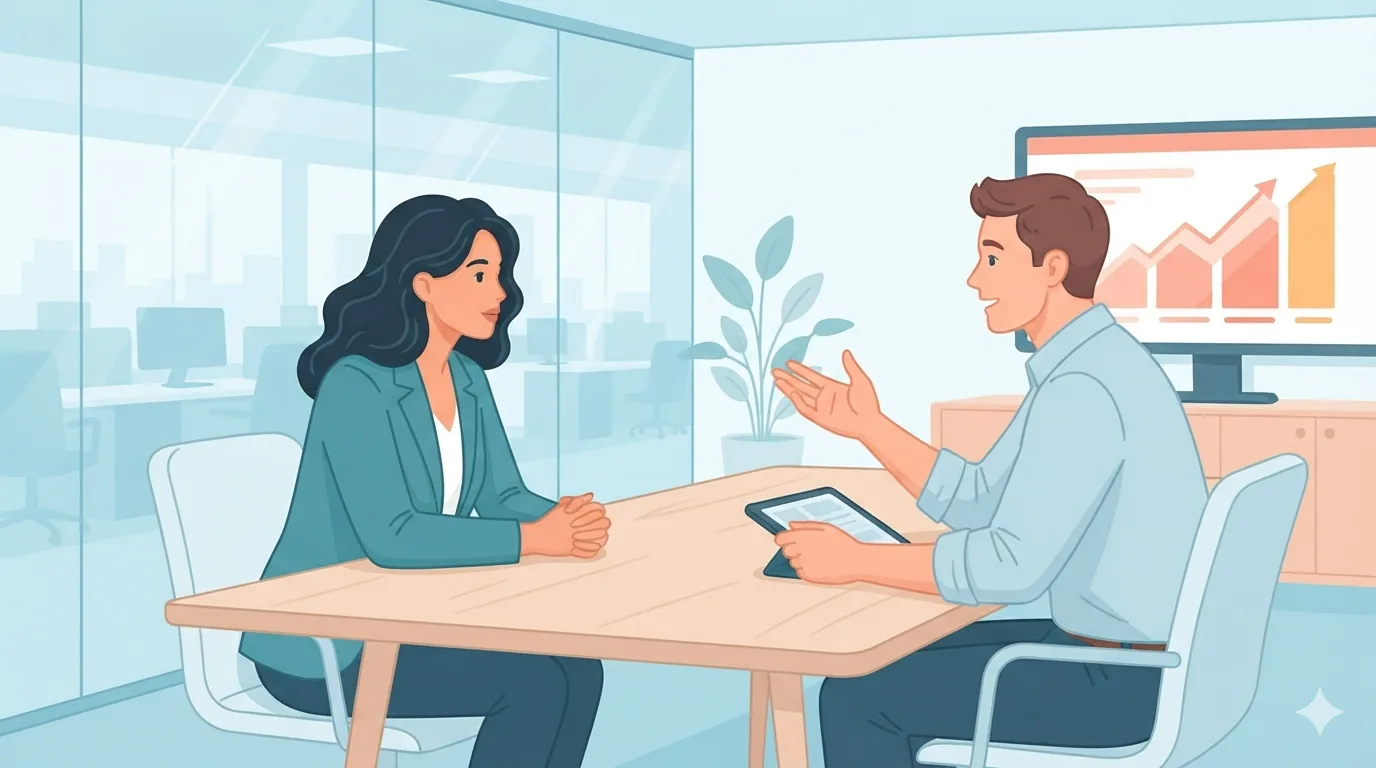 Twee mensen in gesprek in een vergaderruimte