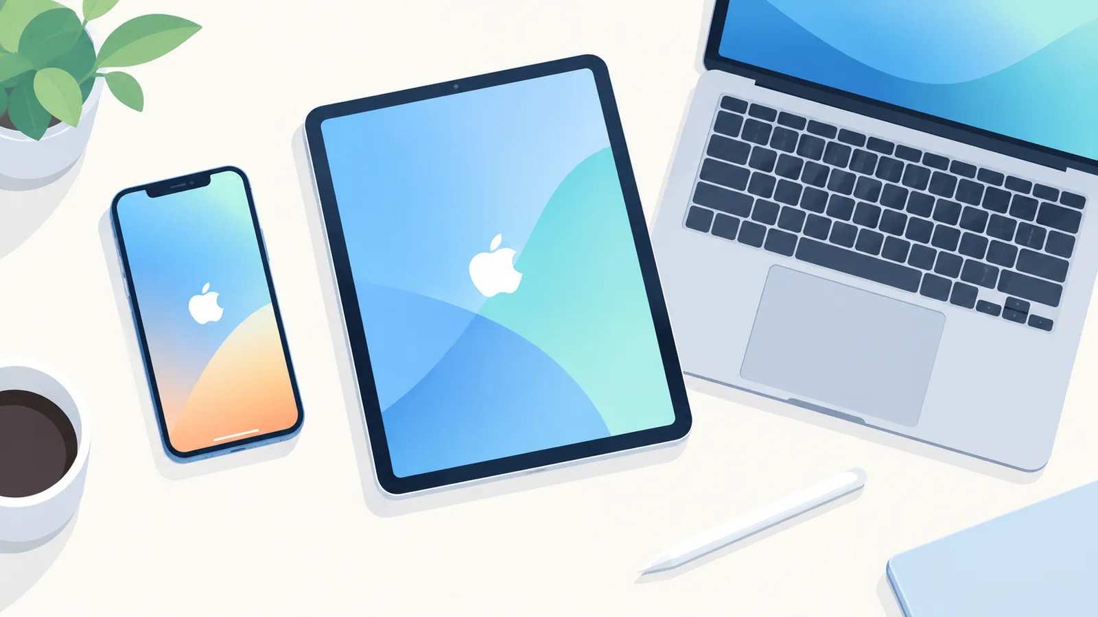 iPhone, iPad en laptop naast elkaar op een bureau