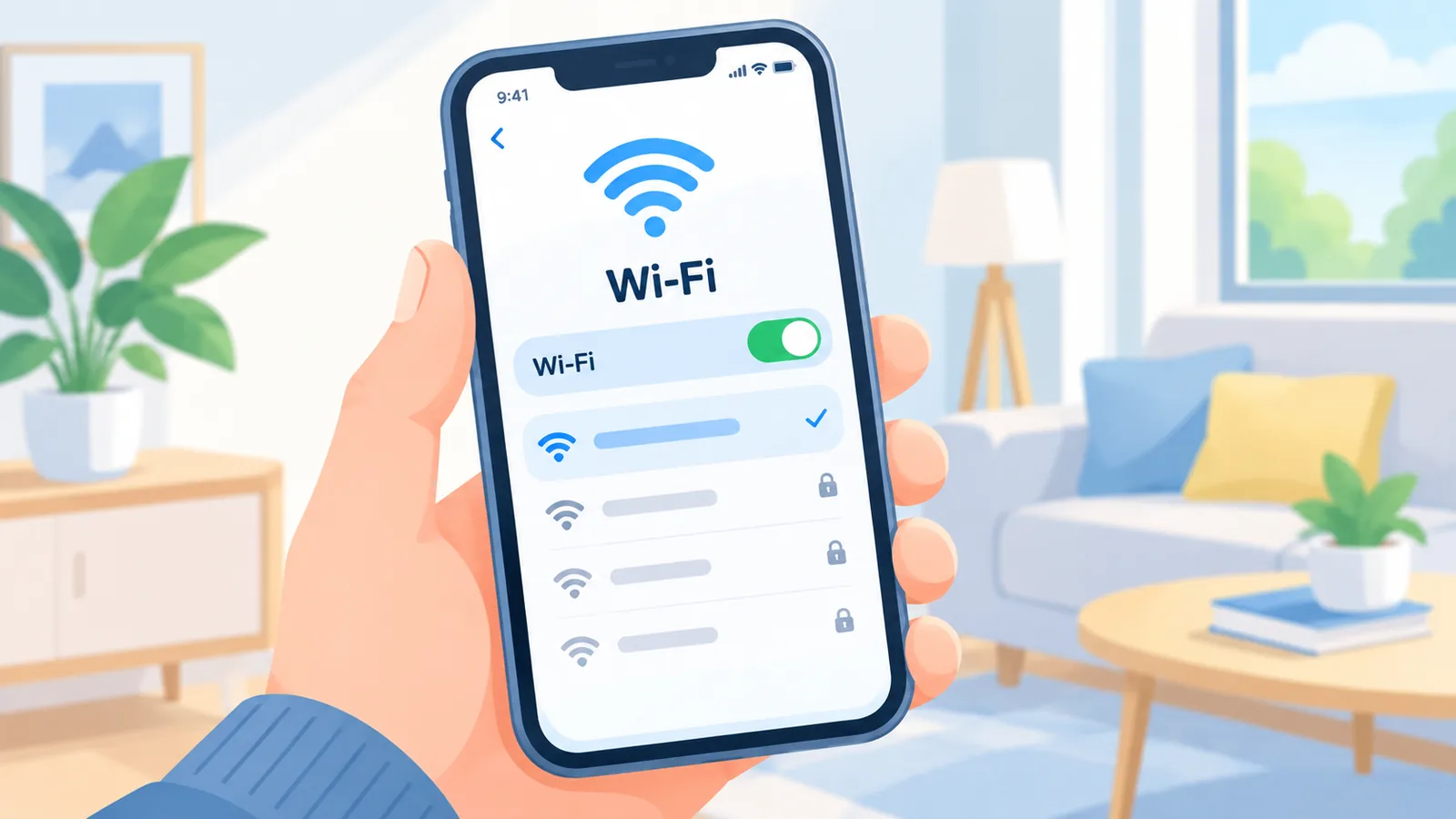 Hand houdt smartphone met wifi-instellingen open