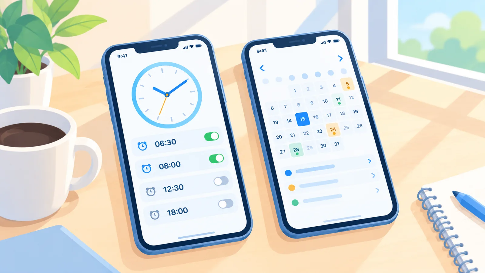 Smartphone toont klok- en agenda-app naast elkaar