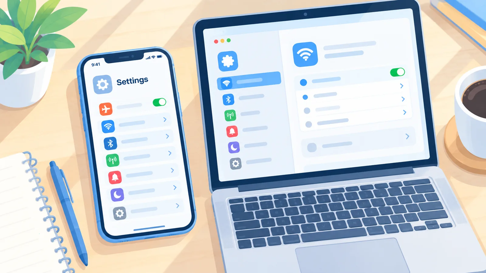iPhone en MacBook met instellingenmenu naast elkaar